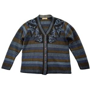 Womens Knit Cardigan Sweater MED Striped Button Front‎ Grannycore Embroidered